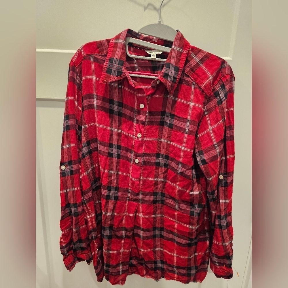 Max Studio Red Plaid Button Front Roll Tab Sleeve Shirt Women’s L Casual Flannel